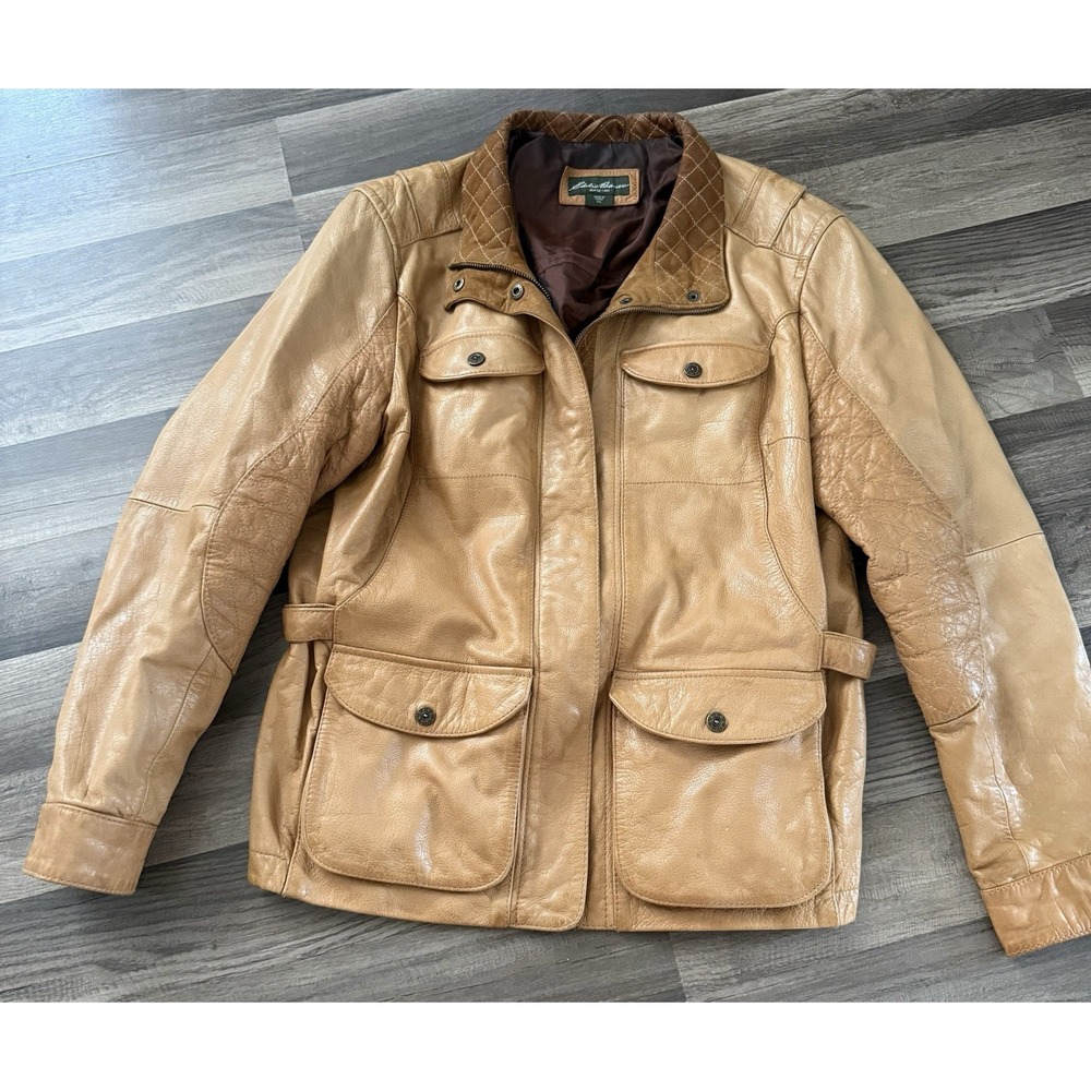 Eddie Bauer Leather Jacket Adult 2XL Tan Brown Genuine Leather Motorcycle Y2K